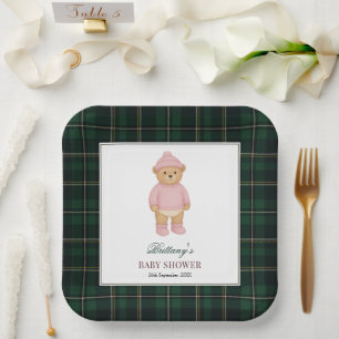 Klassische Preppy-Bär-Designer-Karobaby-Party Pappteller