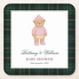Klassische Preppy-Bär-Grün-Tartan-Karo-Baby-Party Rechteckiger Pappuntersetzer