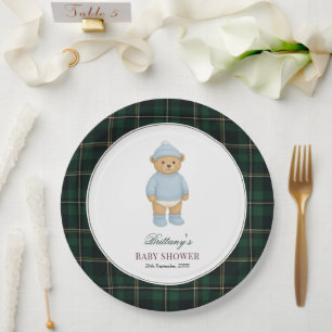 Klassische Preppy-Bär-Tartan-Baby-Party Pappteller