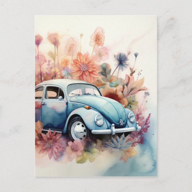 Klassische Retro Motorwagen florale Kunst Postkarte (Vorderseite)
