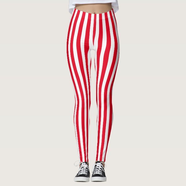 Klassische Retro-rote und weiße vertikale Streifen Leggings (Vorderseite)