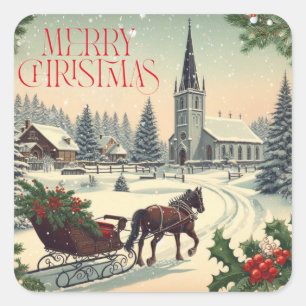 Klassische/Retro-Weihnachtsszene Tasse Quadratischer Aufkleber