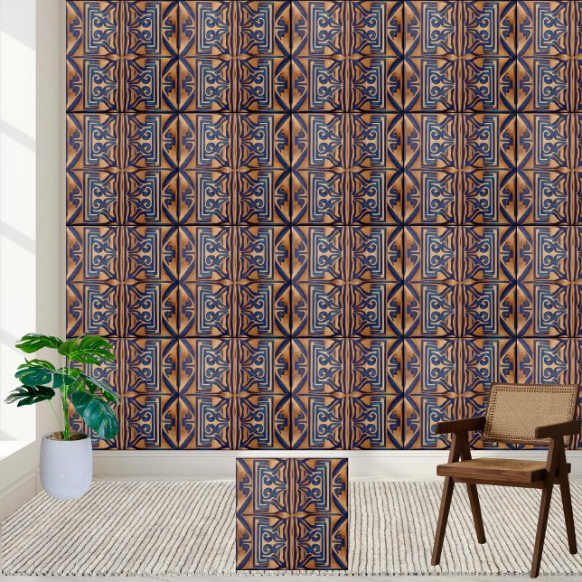 Klassische Rich Blue und Gold griechische Schlüsse Fliese (Classic Rich Blue and Gold Greek Key Pattern Tile)