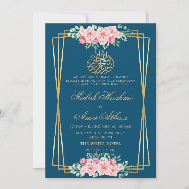 Klassische Rosa Blaue islamische Hochzeit Einladung (Vorderseite)