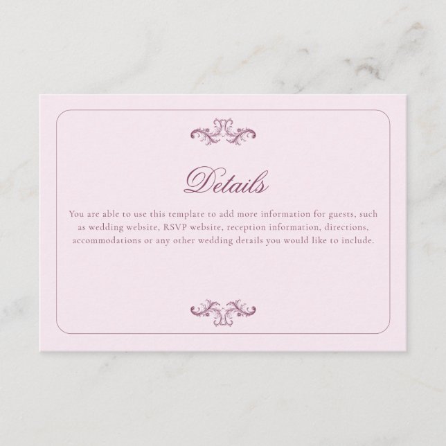 Klassische Rosa-Hochzeitdetails Begleitkarte (Vorderseite)