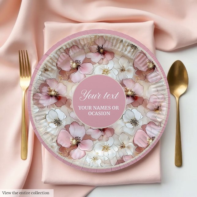 Klassische rosa und goldene Blumenpapiere Teller (Classic powder pink and gold floral paper plates)