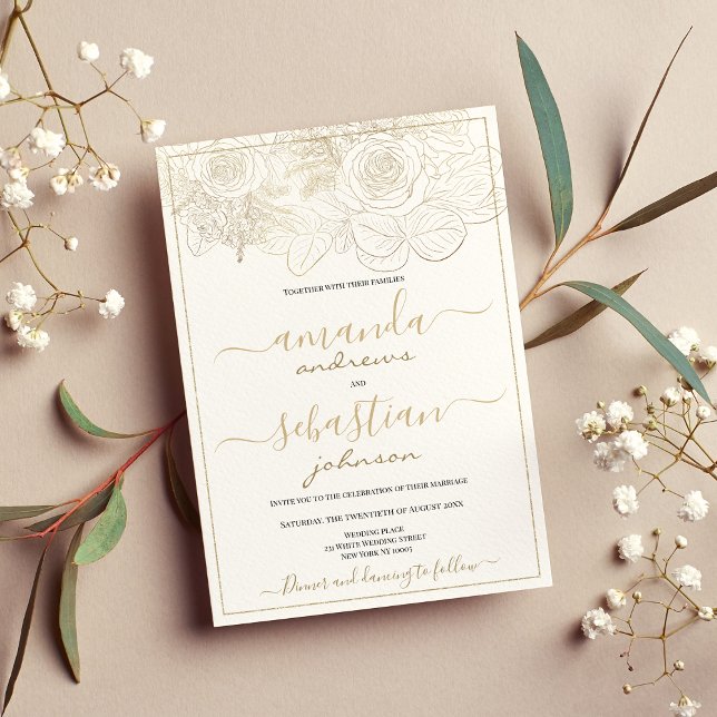 Klassische Rose aus Weiß und Gold Einladung (Classy white and gold roses floral wedding invitation )