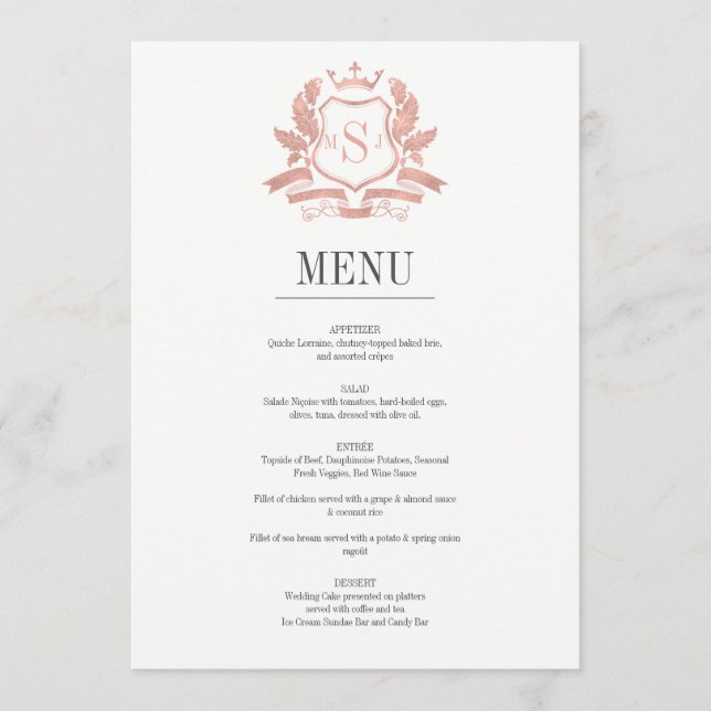 Klassische Rose Gold Wappen Wedding Menu Card Menükarte (Vorderseite)