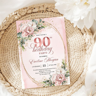 Klassische Rosen-Gold-Blumen-Grün 90. Geburtstag  Einladung
