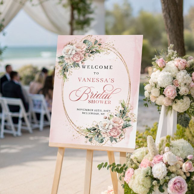 Klassische Rosen Goldene Blumen Eukalyptus Brautdu Poster (Classic Rose Gold Floral Eucalyptus Bridal Shower Sign)