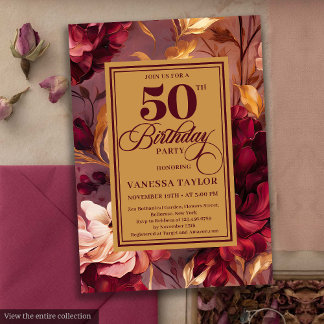 Klassische Rot-Rot Gold Blüte 50. Geburtstag Einladung