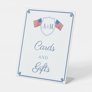 Klassische rote blaue Monogramm-Hochzeitskarten un Sockelschild