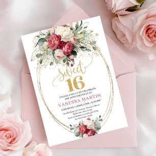Klassische Rote Blush-Blumen-Süße-16-Geburtstagsei Einladung