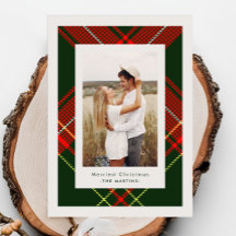 Klassische rote Karo-Weihnachtskarte mit drei Foto