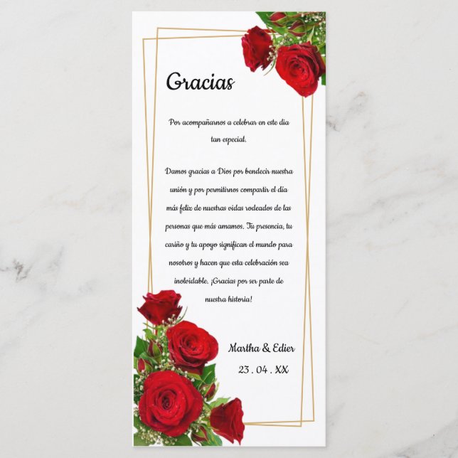 Klassische rote Rosen Gold Spanisch Dankeschön Tis Programm (Vorderseite)