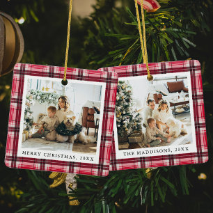 Klassische rote Weihnachts-Kariert-Familienfotos Keramikornament