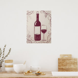 Klassische rote Weinflasche und Glas Elegante Bota Poster