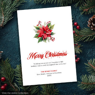 Klassische rote weiße Poinsettie Grußkarte Feiertagskarte
