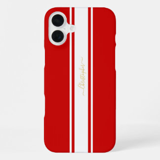 Klassische rote weiße Rennstreifen goldene Monogra iPhone 16 Plus Hülle