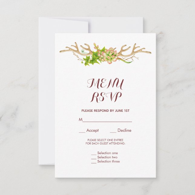 Klassische rustikale Antler & Wildblumen Menü-UAWG RSVP Karte (Vorderseite)