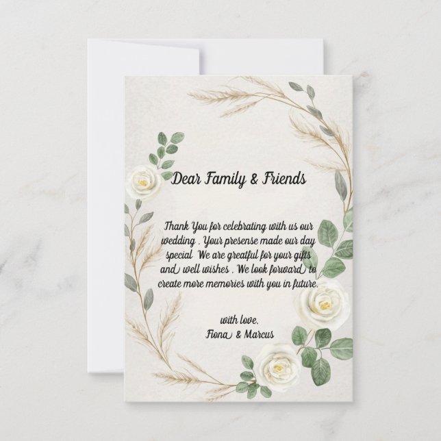 Klassische Rustikale Boho Rose & Pampas Grass Wedd Dankeskarte (Vorderseite)