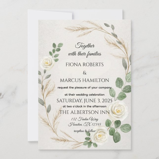 Klassische Rustikale Boho Rose & Pampas Grass Wedd Einladung (Vorderseite)