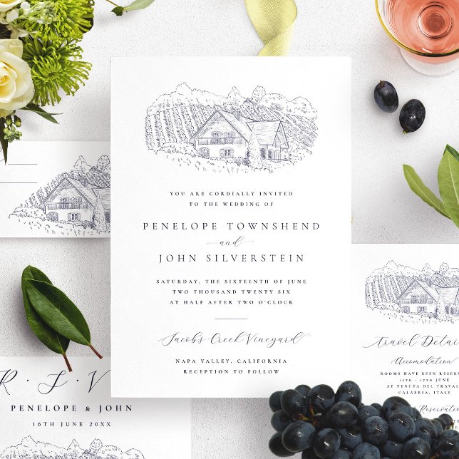 Klassische rustikale Weingut-Illustration Hochzeit Einladung (Classic Rustic Vineyard Illustration Wedding Invitation)