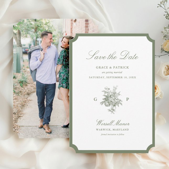 Klassische Salbeigrüne Monogramm-Foto-Hochzeit Save The Date (Von Creator hochgeladen)