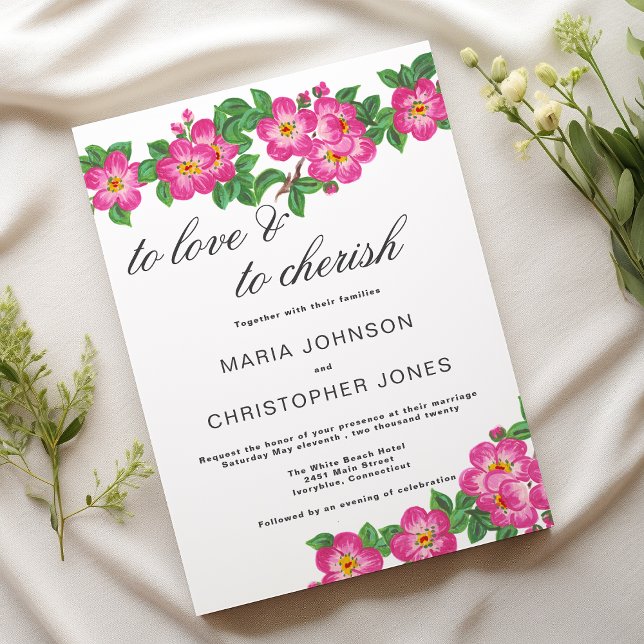 Klassische Schrift in leuchtendem Rosa und grünem  Einladung (Classic script bright pink green floral wedding)