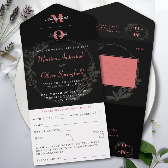 Klassische Schwarz Blush Bloral Wedding All In One Einladung (Von Creator hochgeladen)