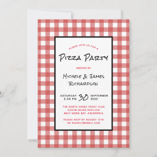 Klassische Schwarz-Rot-Weiße Gingham-Pizza-Party Einladung