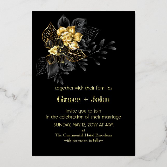 Klassische Schwarz- und Goldstickerei Folieneinladung (Vorderseite)
