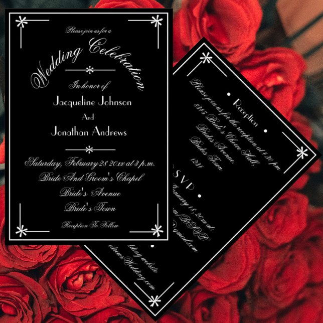 Klassische Schwarz und Weiß auf einer Hochzeit Einladung (Classic black and white wedding invitations. Chic script, all in one, incl RSVP, email, website etc.)