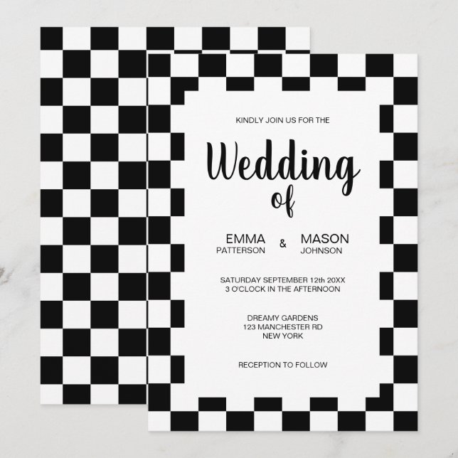 Klassische Schwarz-Weiß-Fliesen-Rahmen Einladung (Vorne/Hinten)