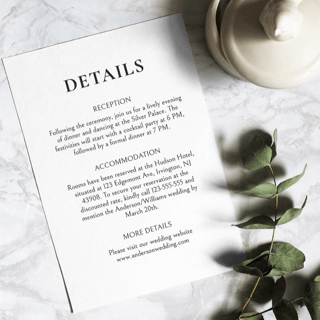 Klassische Schwarz-Weiß-Hochzeit Begleitkarte (Provide wedding details with our customizable detail card, ensuring all guests are well-informed.)