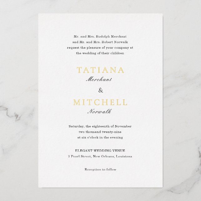 Klassische Schwarz-Weiß-Hochzeit Folieneinladung (Vorderseite)