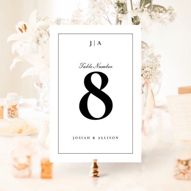 Klassische Schwarz-Weiß-Hochzeit Tischnummer (Elegant black and white wedding monogram table numbers.)