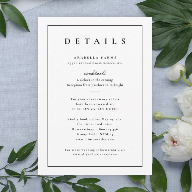 Klassische Schwarz-Weiß-Hochzeitsdetails (Simple Typographic Wedding Invitation Details Enclosure Card.)