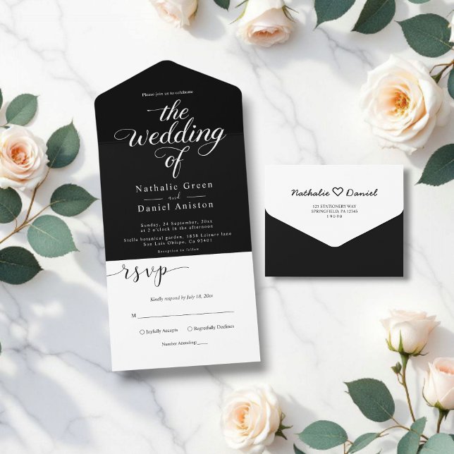 Klassische Schwarz-Weiß-Kalligrafie-Skripte Hochze All In One Einladung (Von Creator hochgeladen)