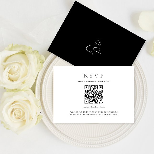 Klassische Schwarz-Weiß-QR-Code-Monogramm-Hochzeit RSVP Karte (Von Creator hochgeladen)