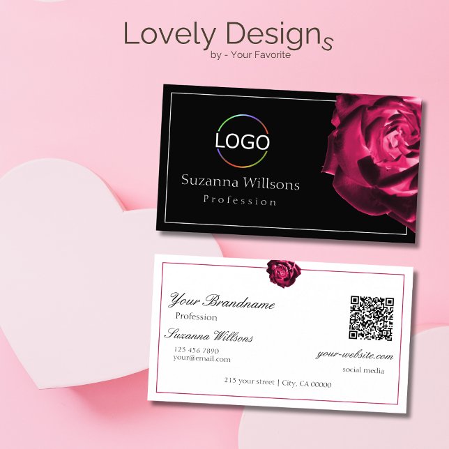 Klassische Schwarz-Weiß-Rote Rose mit QR-Logo Visitenkarte (Von Creator hochgeladen)