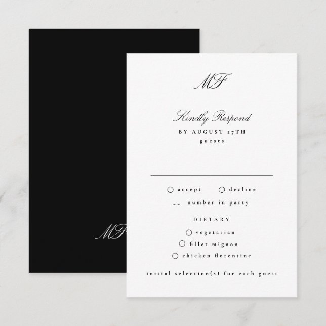 Klassische Schwarz-weiße Hochzeit mit Monogramm RSVP Karte (Vorne/Hinten)