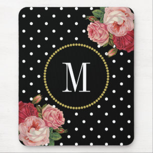 Klassische Schwarze Antike florale Polka Dots Mono Mousepad