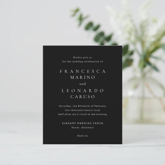 Klassische schwarze einfache Hochzeitseinladung (Stehend Vorderseite)