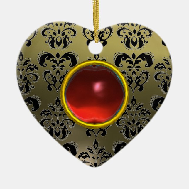 KLASSISCHE SCHWARZE GRAUE ROTE DAMASK UND RUBY GEM KERAMIKORNAMENT (Vorne)