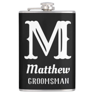 Klassische schwarze Hochzeitsmonogramme mit männli Flachmann