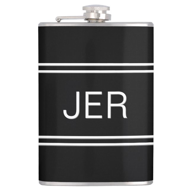 Klassische schwarze personalisierte Monogramm-Init Flachmann (Vorderseite)