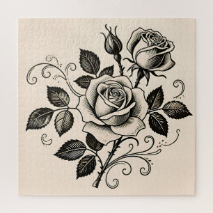 Klassische schwarze Rose Vintage-Botanik-Blüte Puzzle