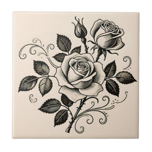 Klassische Schwarze Rosen-Vintage-Botanik-Blüte Fliese