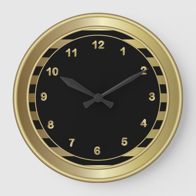 Klassische schwarze und goldene Zahlen und Streife Große Wanduhr (Vorderseite)